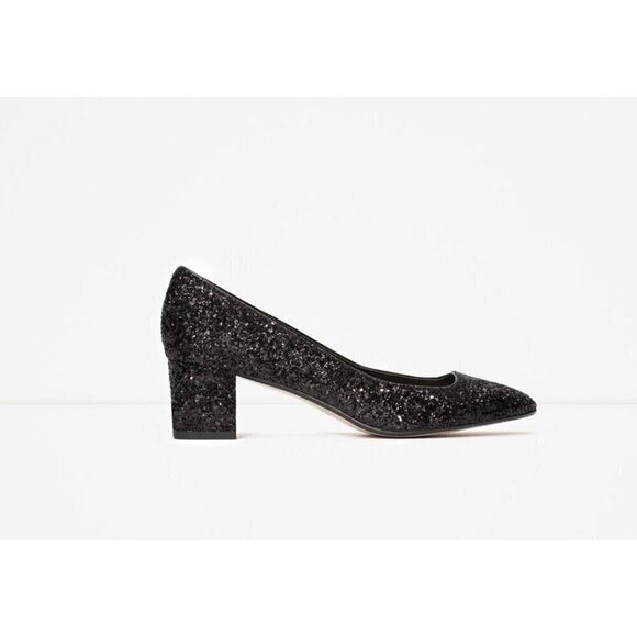 Zara Black Glitter Block Heels - 36/5.5-6US, BNWOTs! Made in Portugal 🇵🇹 - Picture 6 of 14